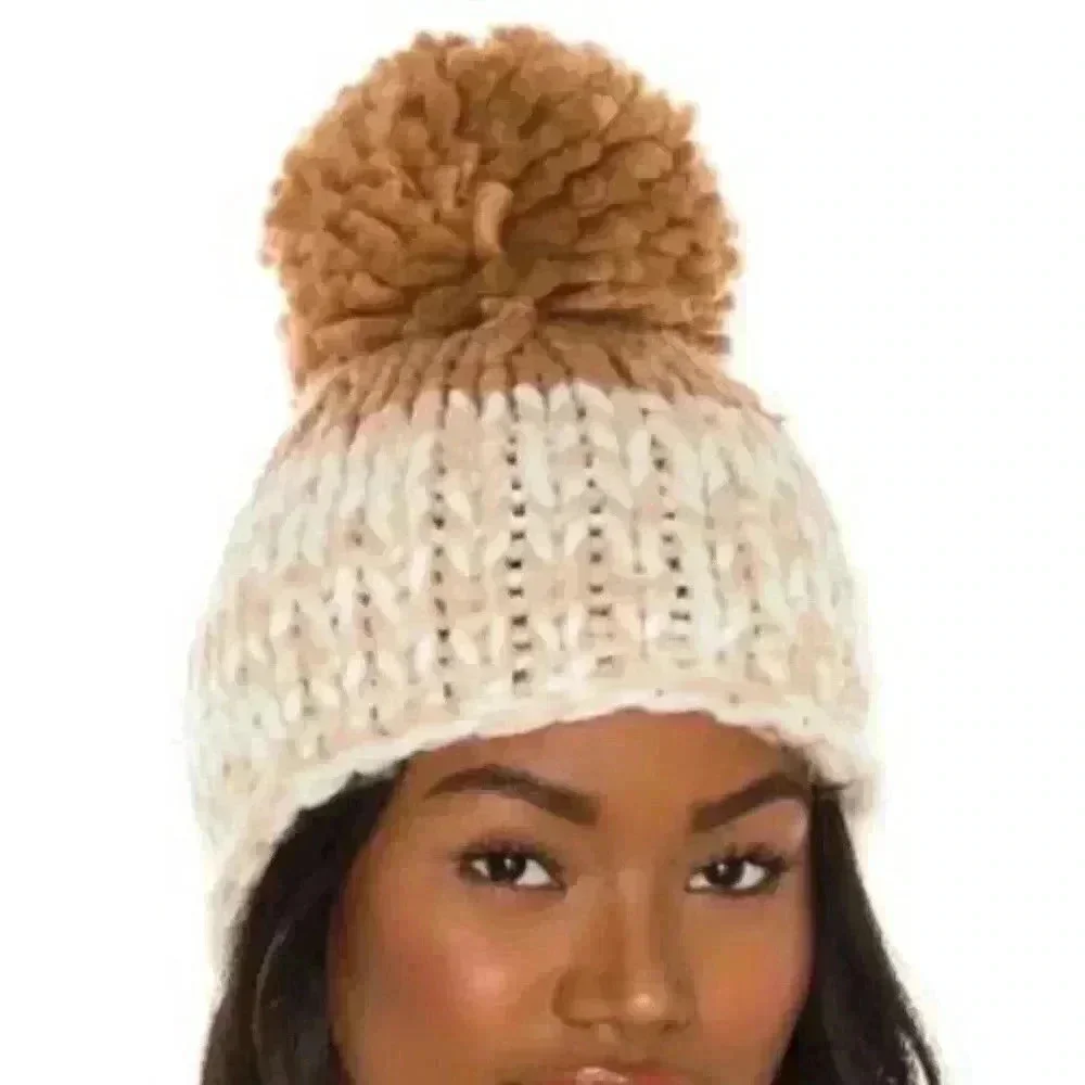 Free People Cozy Up Color Block Pom Pom Beanie Hat NWT